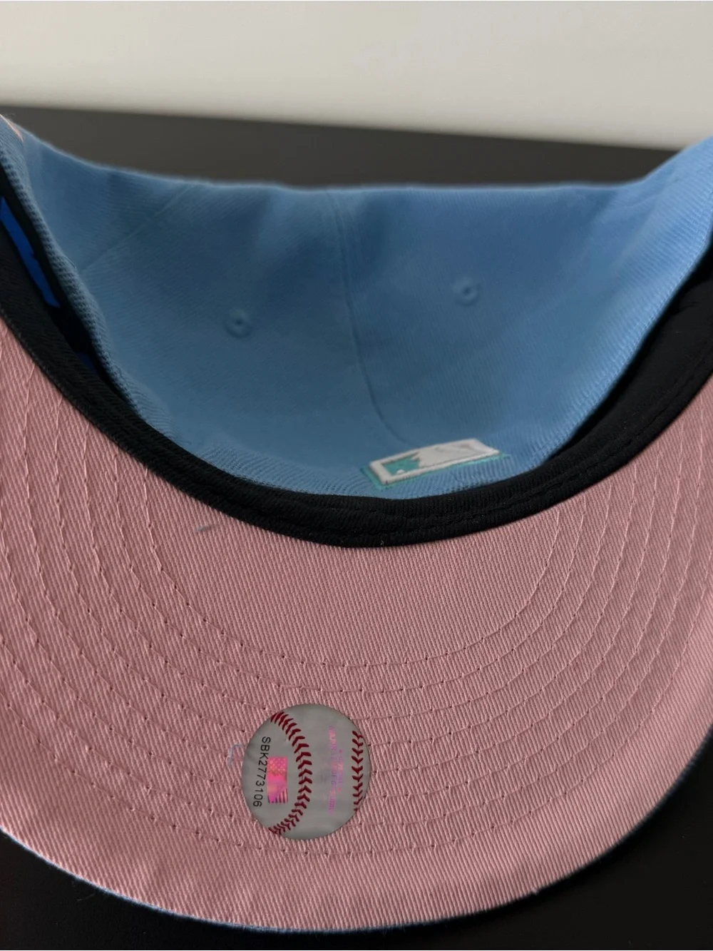 New Era Light Blue LA Palm Fitted Cap with Pink Logo